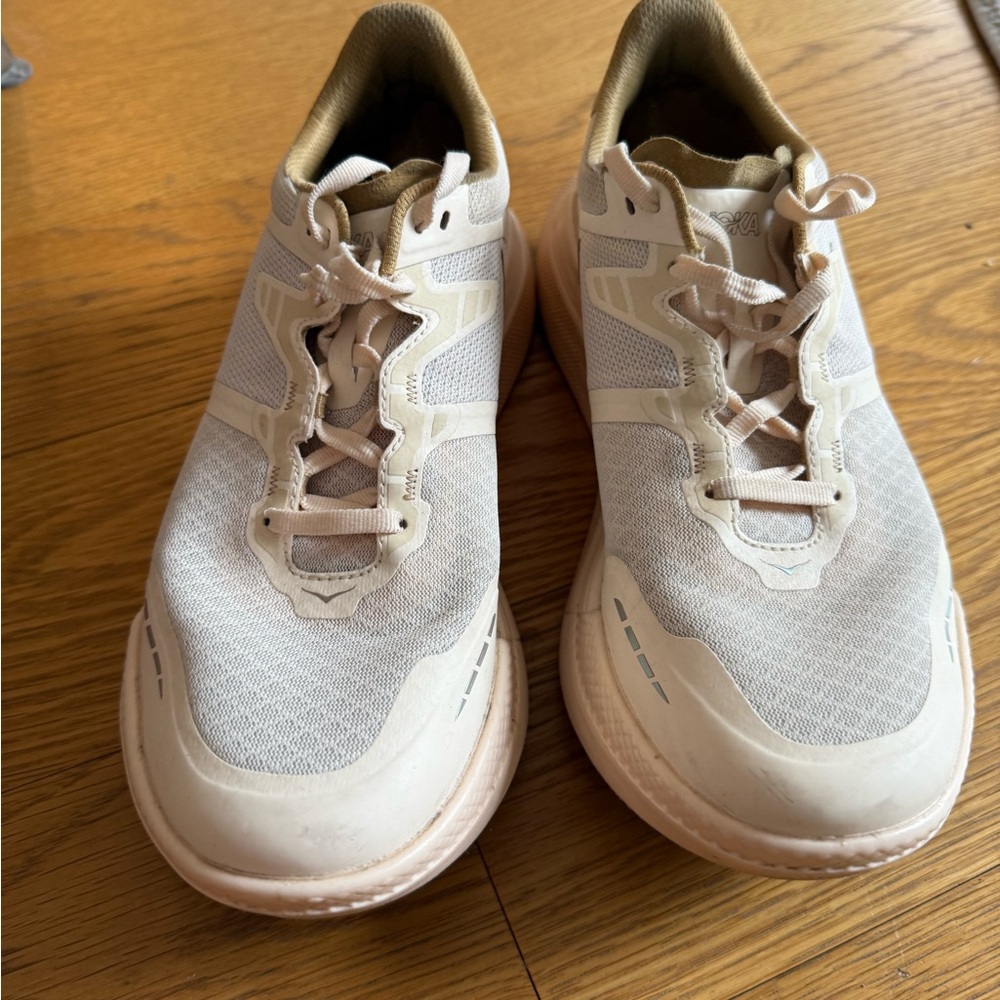 White and Tan Athletic Sneakers